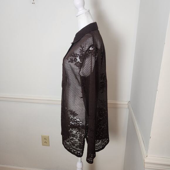 Vtg Y2K NY & Co Shirt Sz Large Womens Tunic Top Sheer Brown Mesh Lace WhimsiGoth - Picture 6 of 11